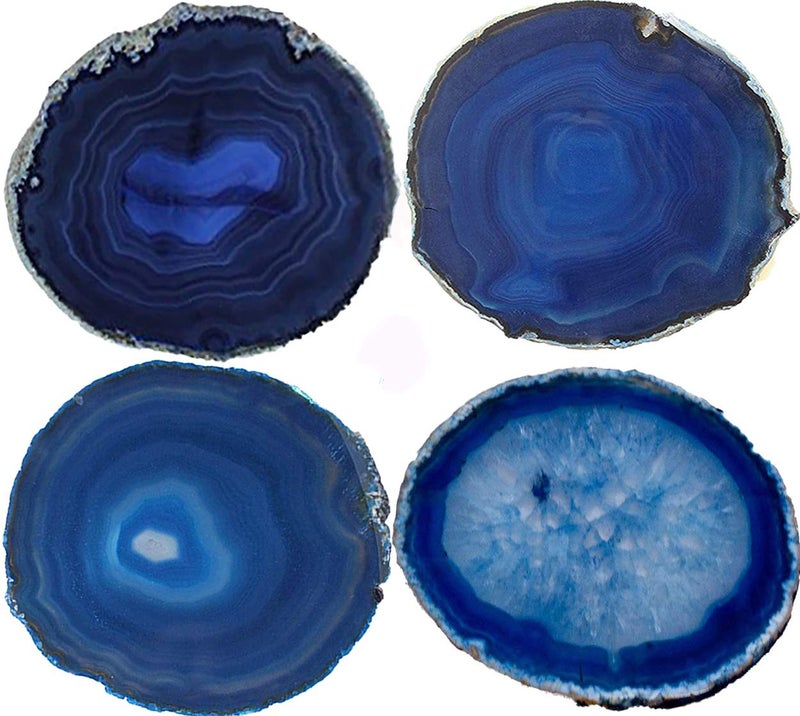 JIC Gem 3-3.5" Dyed Blue Color Small Size Agate Coastes Polished Natural Geode Stone Coasters Agate Slices Set of 4 with Protective Rubber Bumper Home Decorative - Image 1
